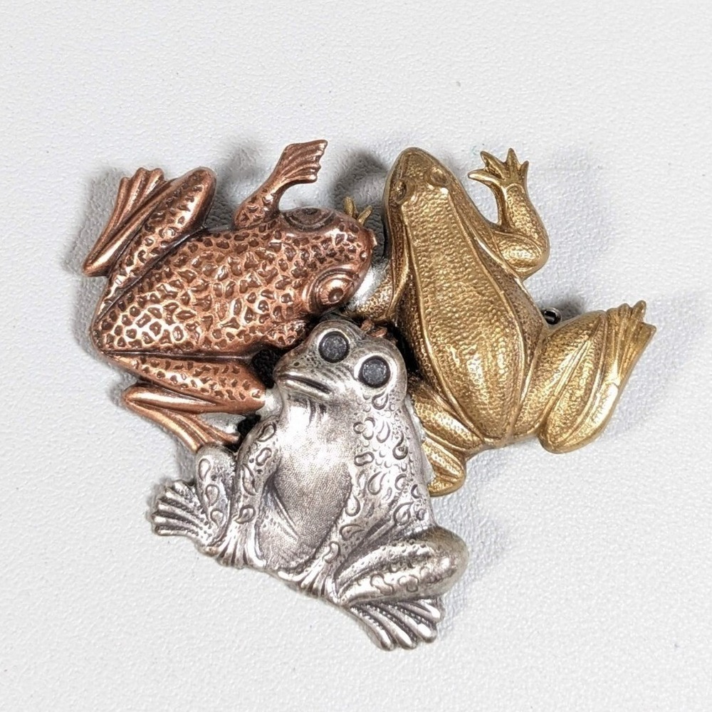 Vintage Tanya Creations TC Three Frog Brooch Tri Color Mixed Metal Pin